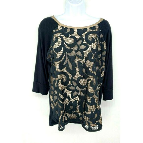 Anthropologie Dolan T-shirt Top Black Nude Lace Filigree 3/4 Sleeve - Picture 2 of 9